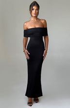Women's Off-the-Shoulder Bardot Maxi Dress with Ruched Open Back - Elegant Evening Wear | Black