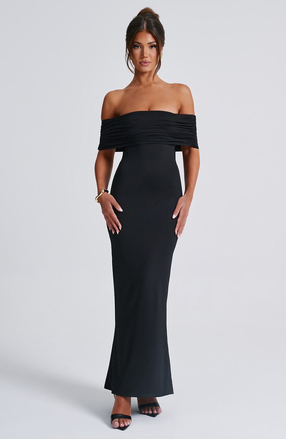 Women's Off-the-Shoulder Bardot Maxi Dress with Ruched Open Back - Elegant Evening Wear | Black