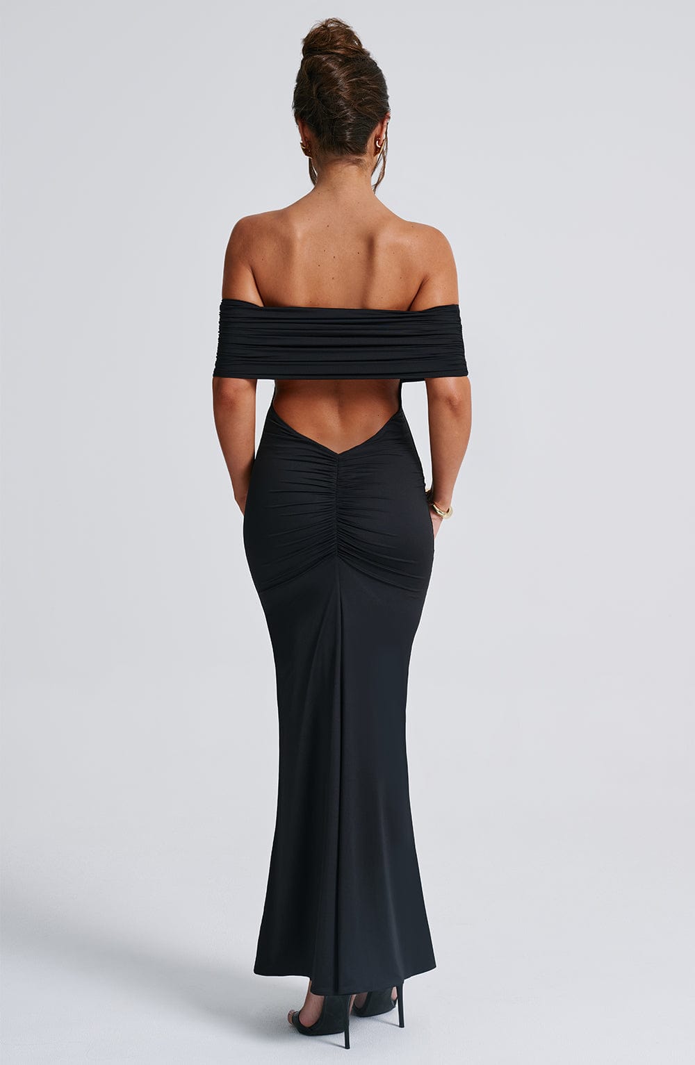Women's Off-the-Shoulder Bardot Maxi Dress with Ruched Open Back - Elegant Evening Wear | Black