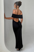 Women's Off-the-Shoulder Bardot Maxi Dress with Ruched Open Back - Elegant Evening Wear | Black