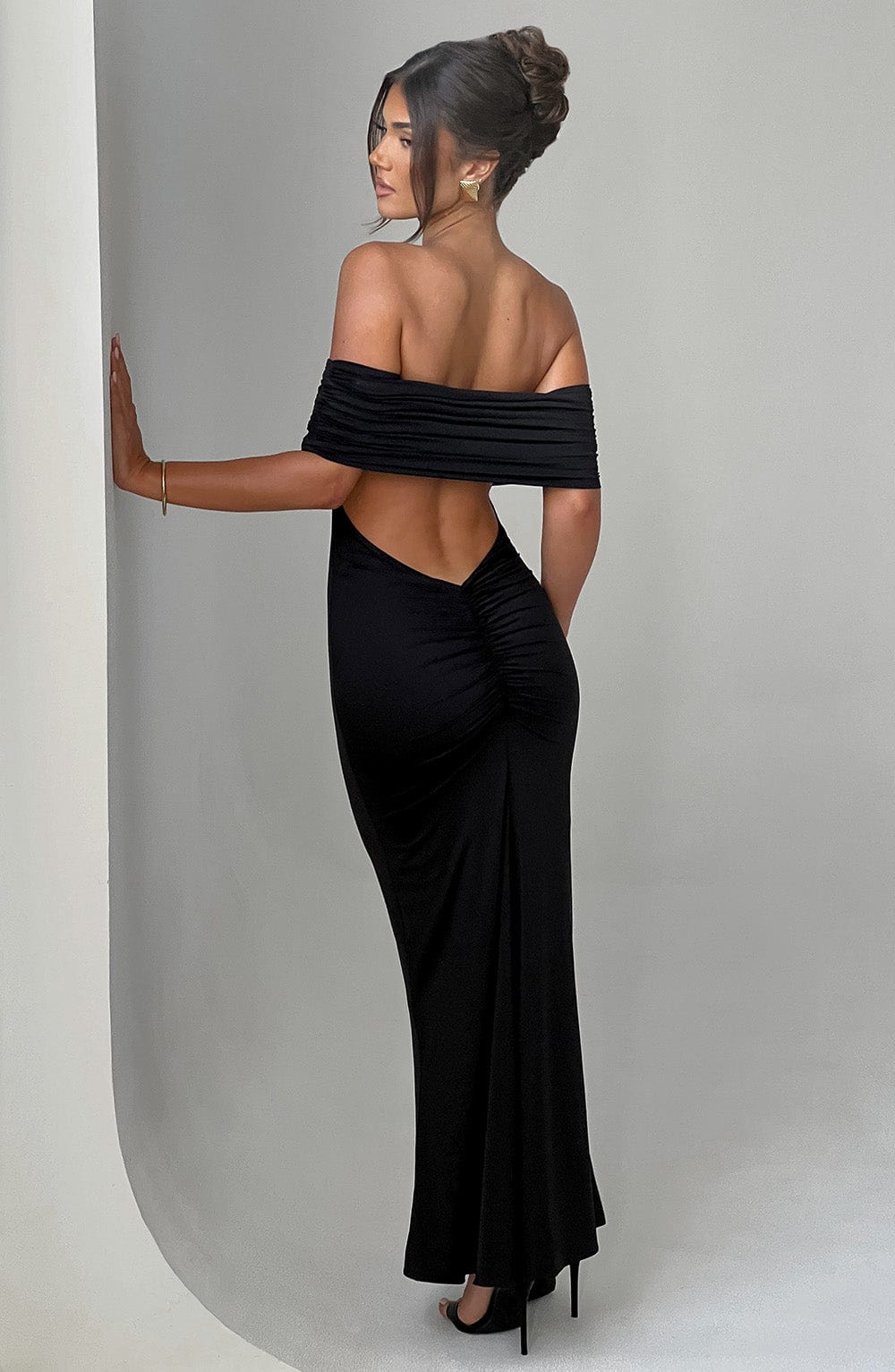 Women's Off-the-Shoulder Bardot Maxi Dress with Ruched Open Back - Elegant Evening Wear | Black