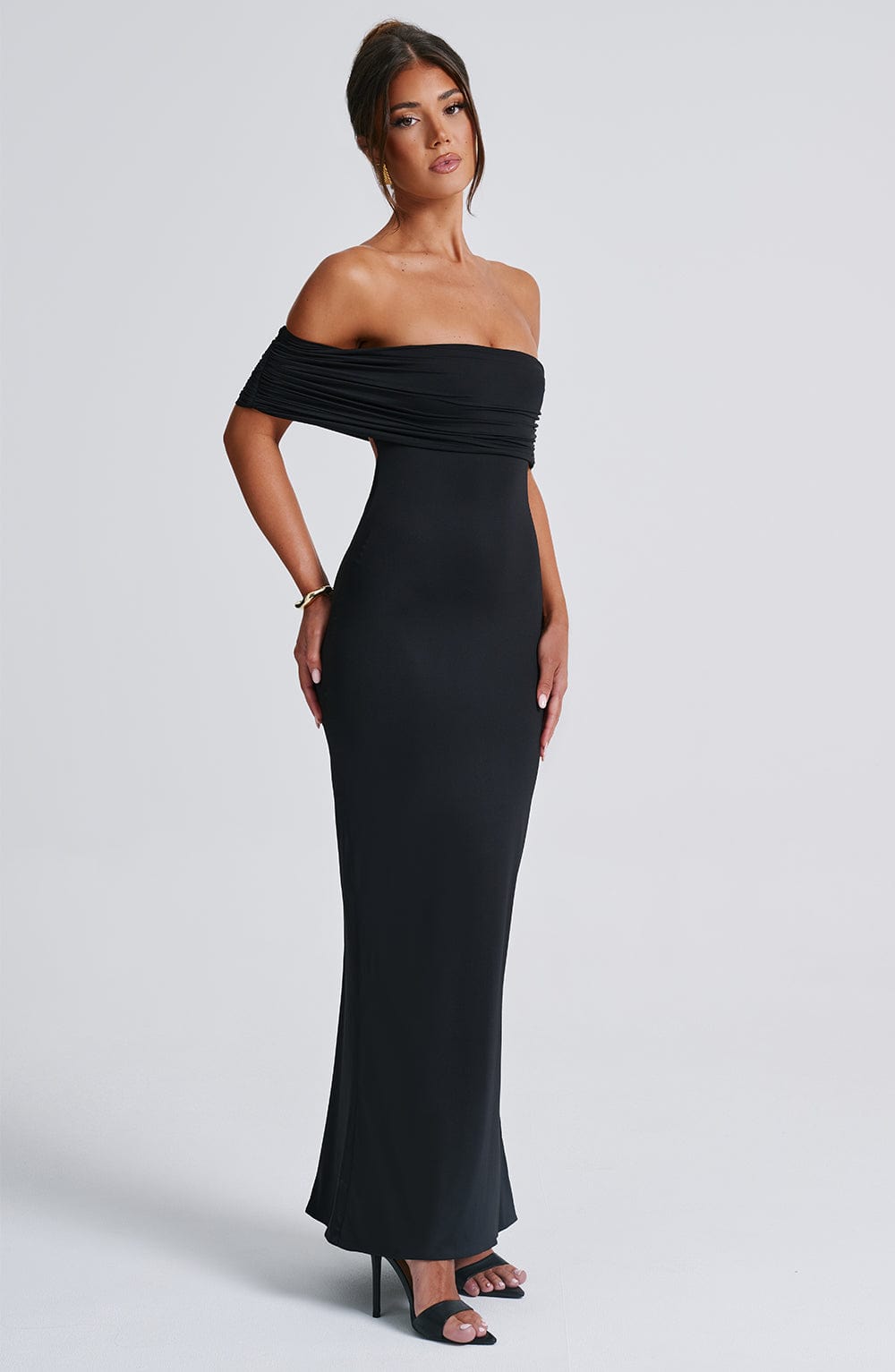 Women's Off-the-Shoulder Bardot Maxi Dress with Ruched Open Back - Elegant Evening Wear | Black