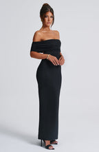 Women's Off-the-Shoulder Bardot Maxi Dress with Ruched Open Back - Elegant Evening Wear | Black