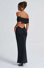 Women's Off-the-Shoulder Bardot Maxi Dress with Ruched Open Back - Elegant Evening Wear | Black