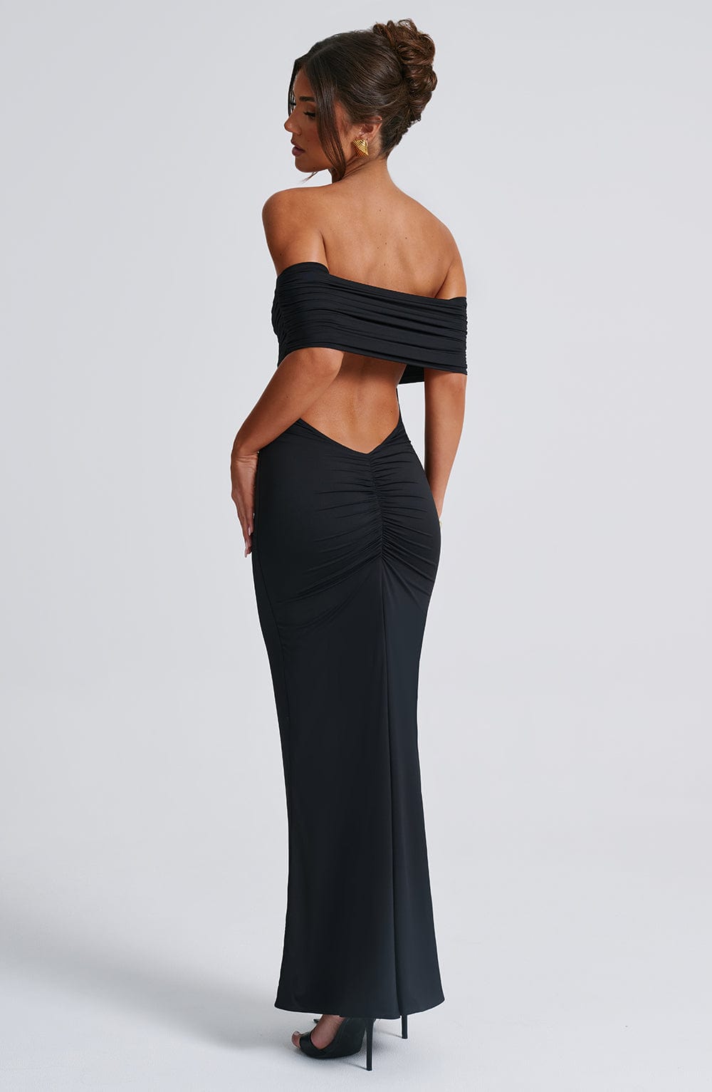Women's Off-the-Shoulder Bardot Maxi Dress with Ruched Open Back - Elegant Evening Wear | Black