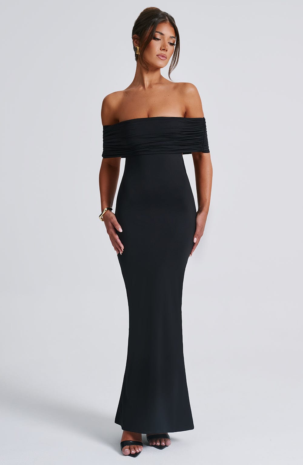 Women's Off-the-Shoulder Bardot Maxi Dress with Ruched Open Back - Elegant Evening Wear | Black