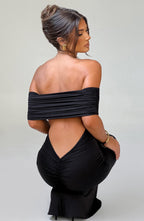 Women's Off-the-Shoulder Bardot Maxi Dress with Ruched Open Back - Elegant Evening Wear | Black