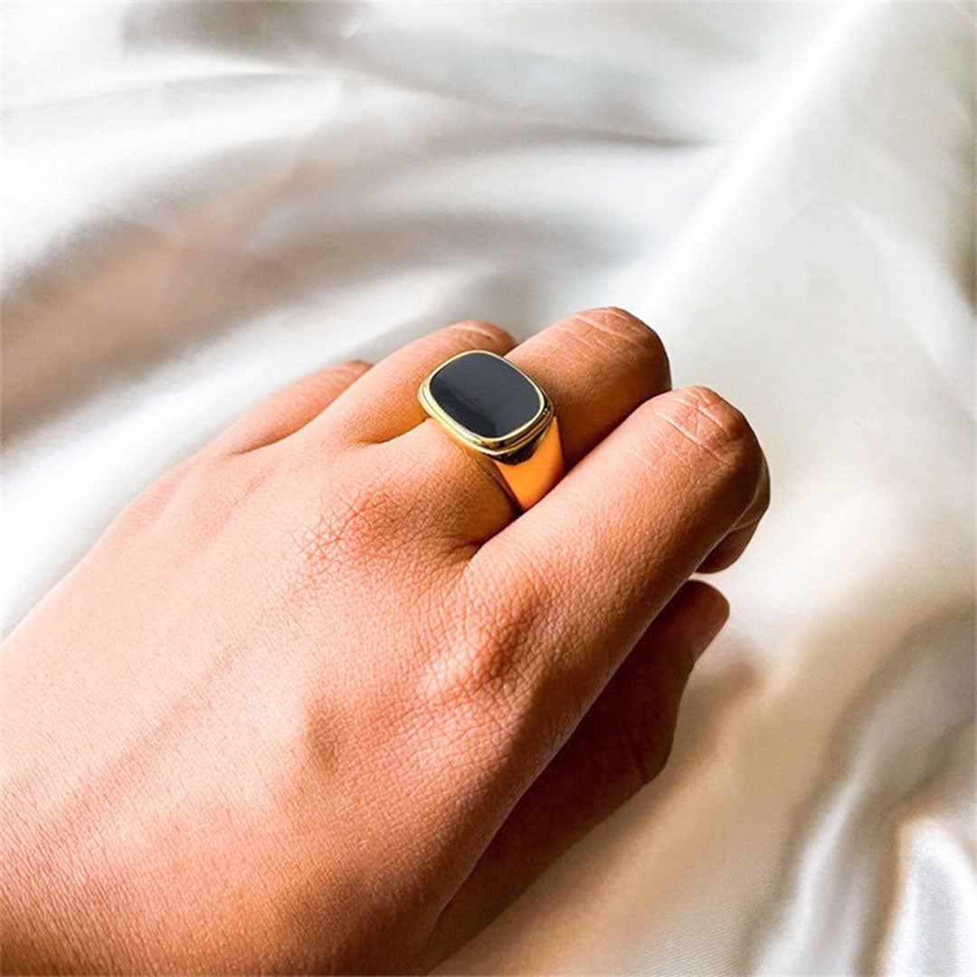 Black Signet Ring – Gold & Silver Stainless Steel, 14k Plated, Hypoallergenic