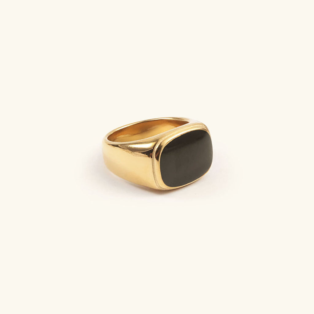 Black Signet Ring – Gold & Silver Stainless Steel, 14k Plated, Hypoallergenic Gold
