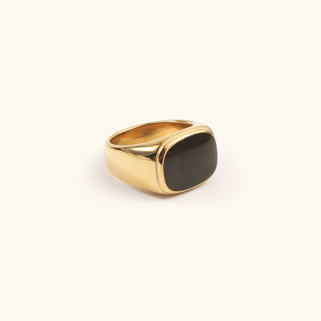 Black Signet Ring – Gold & Silver Stainless Steel, 14k Plated, Hypoallergenic Gold