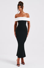 Women's Midi Dress - Luxurious Stretch Crepe, Pleated Bardot Neckline, Fit & Flare | Black