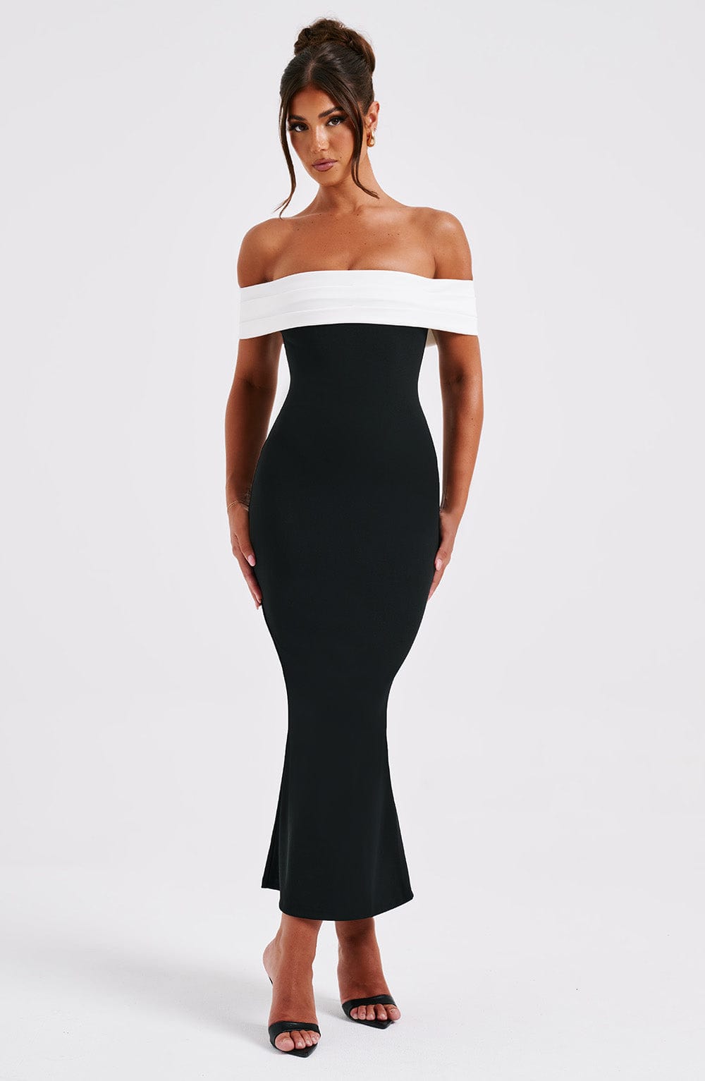 Women's Midi Dress - Luxurious Stretch Crepe, Pleated Bardot Neckline, Fit & Flare | Black