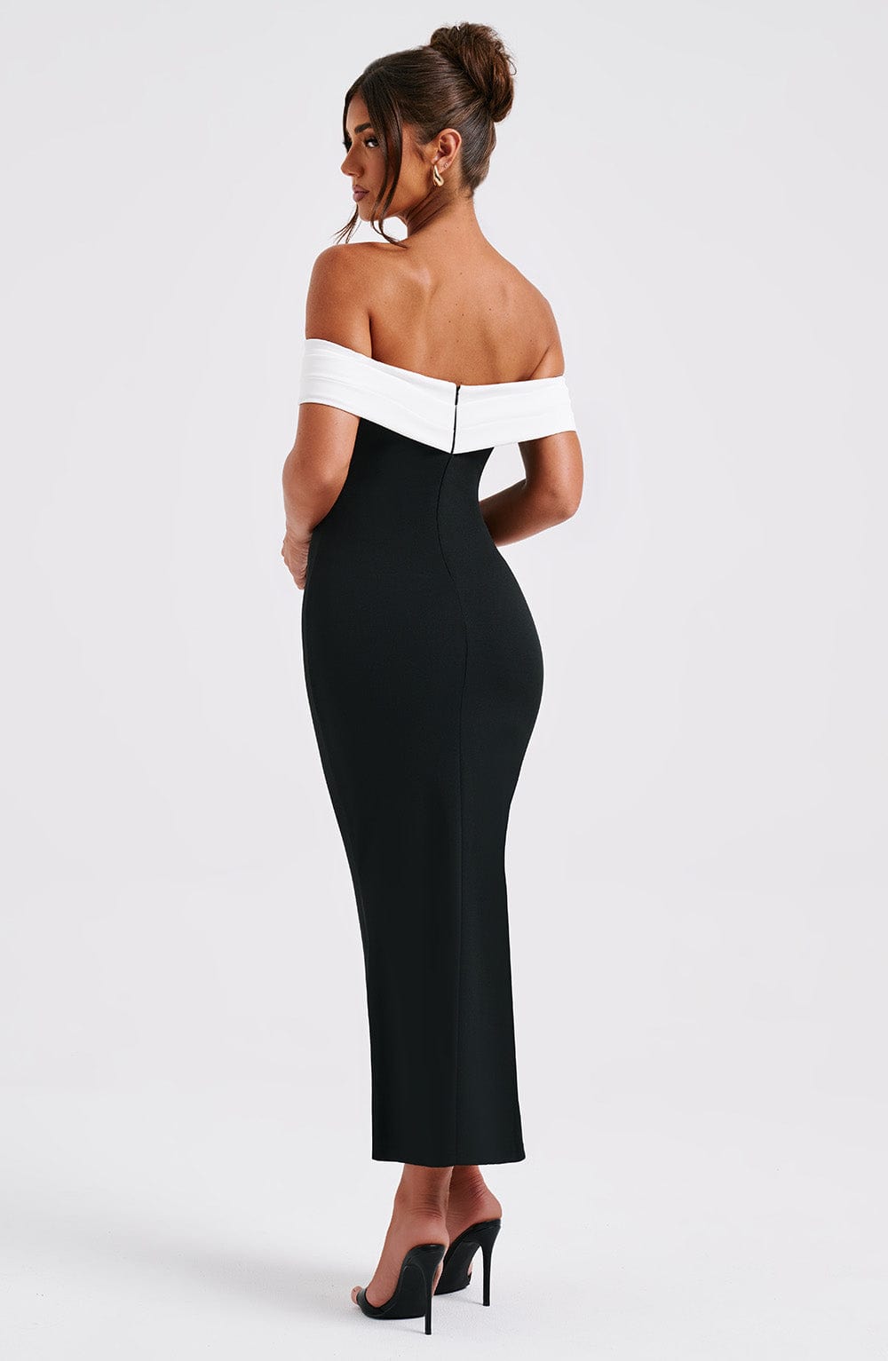 Women's Midi Dress - Luxurious Stretch Crepe, Pleated Bardot Neckline, Fit & Flare | Black
