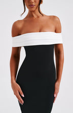 Women's Midi Dress - Luxurious Stretch Crepe, Pleated Bardot Neckline, Fit & Flare | Black
