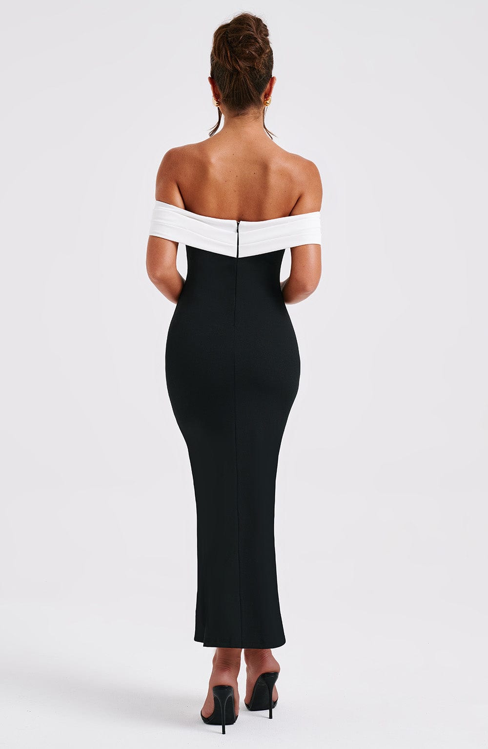 Women's Midi Dress - Luxurious Stretch Crepe, Pleated Bardot Neckline, Fit & Flare | Black