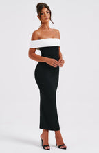 Women's Midi Dress - Luxurious Stretch Crepe, Pleated Bardot Neckline, Fit & Flare | Black