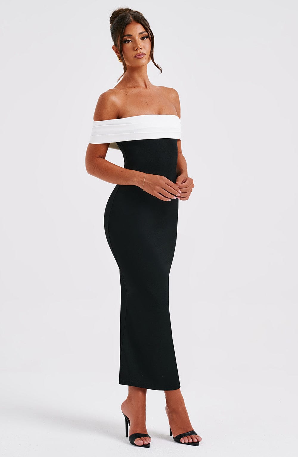 Women's Midi Dress - Luxurious Stretch Crepe, Pleated Bardot Neckline, Fit & Flare | Black
