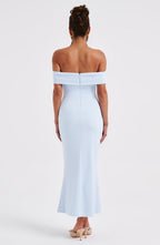Women's Midi Dress - Luxury Stretch Crepe, Pleated Bardot Neckline, Fit and Flare Design | Blue