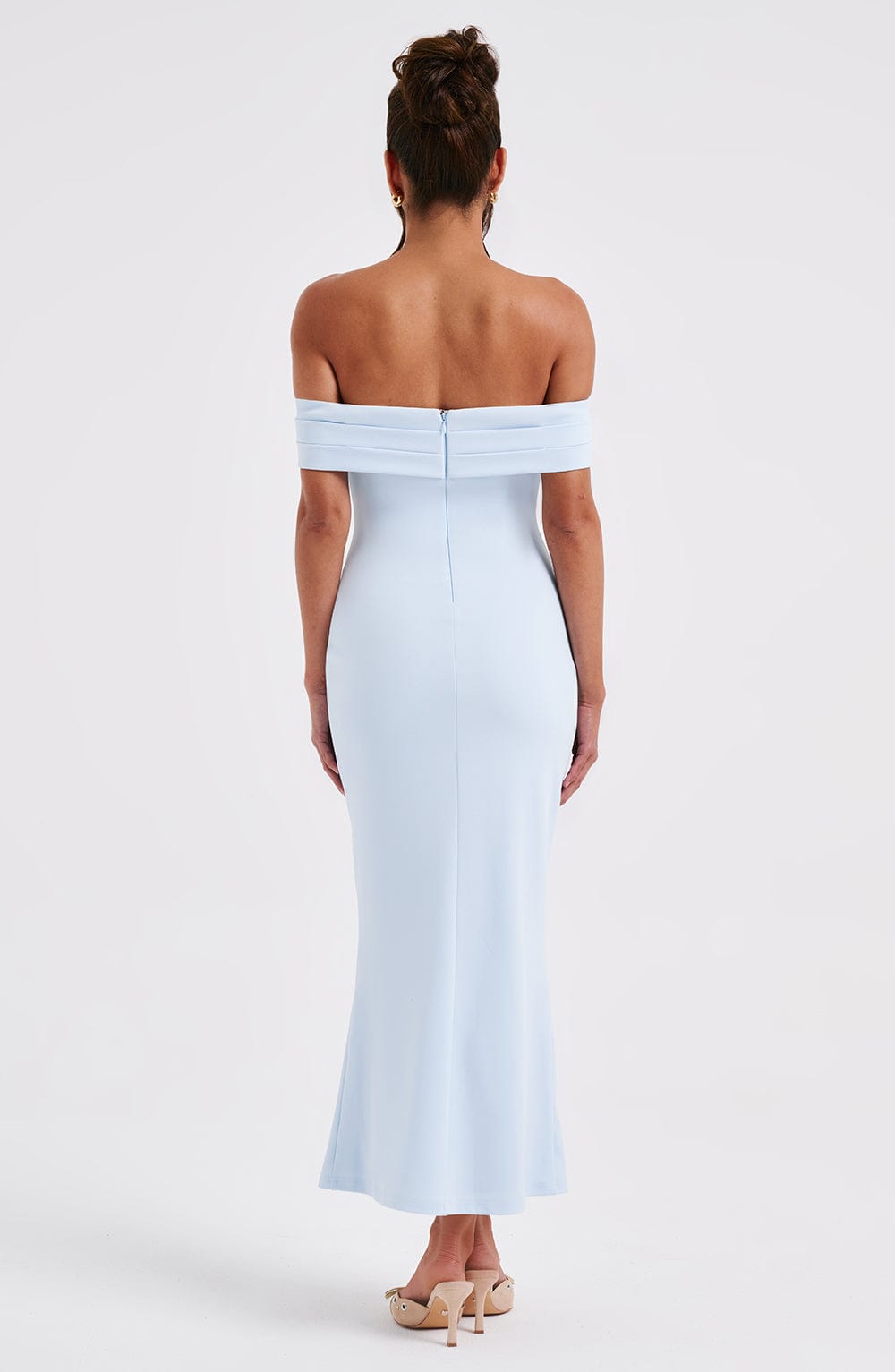 Women's Midi Dress - Luxury Stretch Crepe, Pleated Bardot Neckline, Fit and Flare Design | Blue