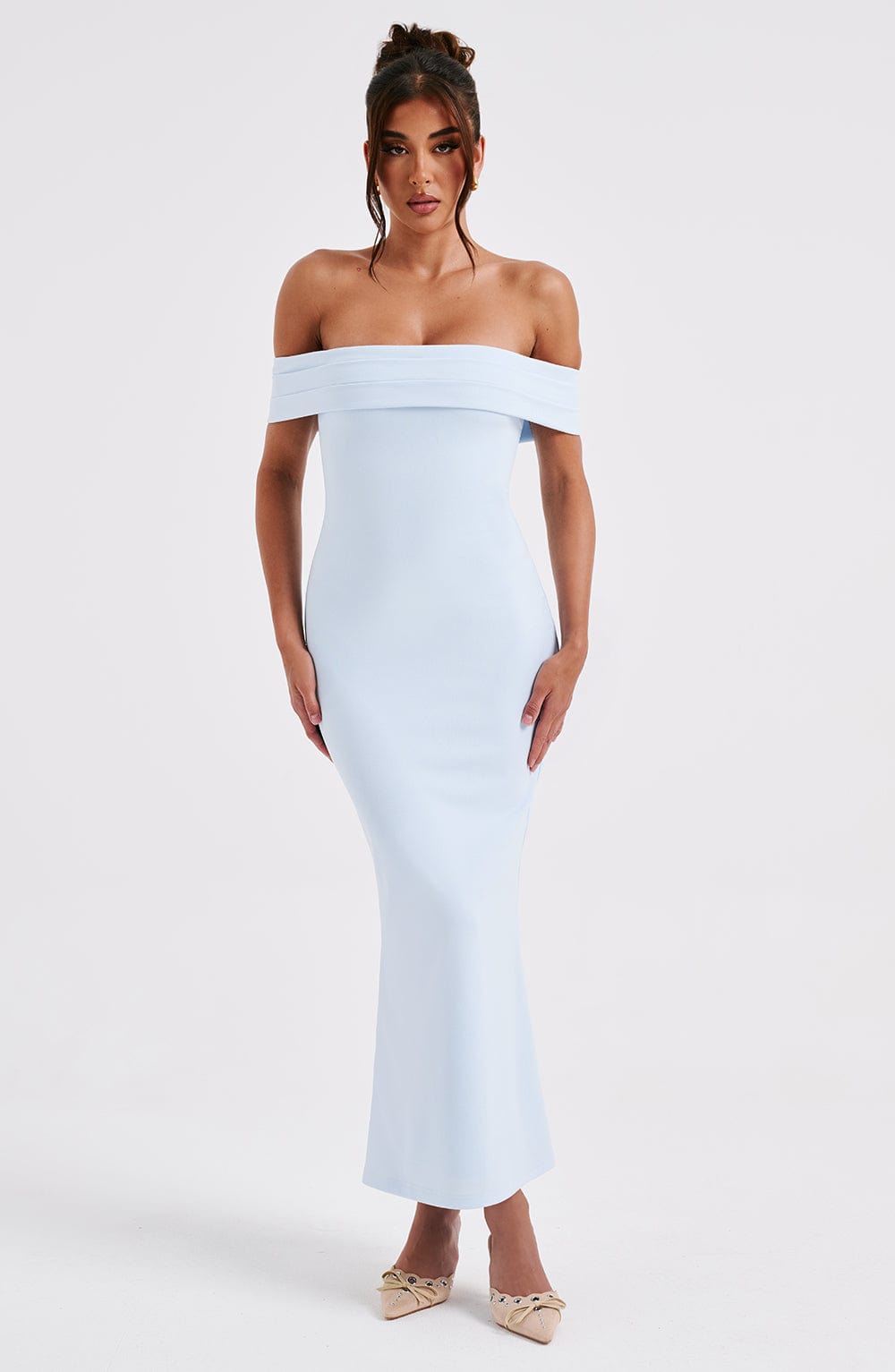 Women's Midi Dress - Luxury Stretch Crepe, Pleated Bardot Neckline, Fit and Flare Design | Blue