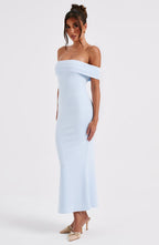 Women's Midi Dress - Luxury Stretch Crepe, Pleated Bardot Neckline, Fit and Flare Design | Blue