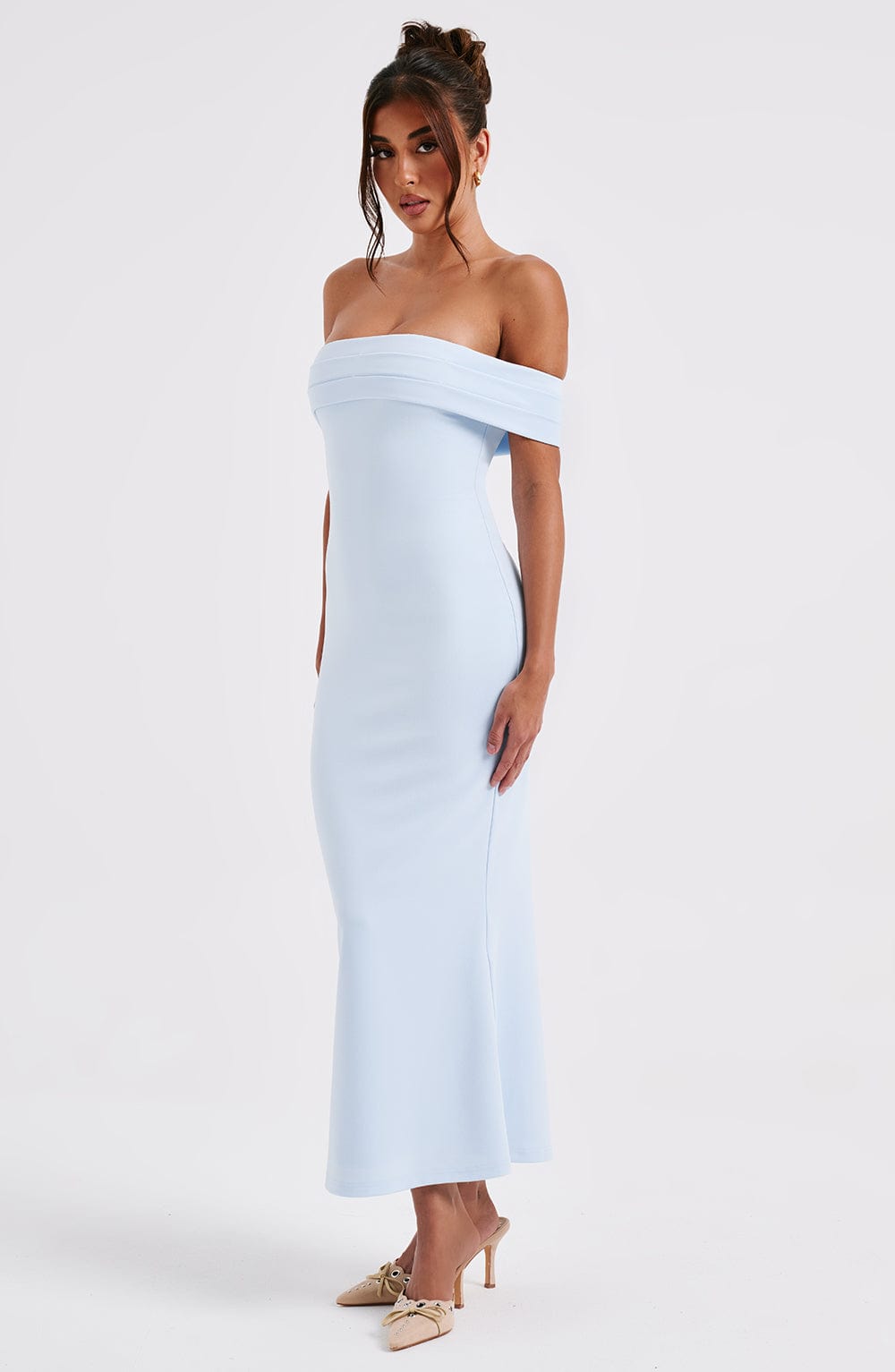 Women's Midi Dress - Luxury Stretch Crepe, Pleated Bardot Neckline, Fit and Flare Design | Blue