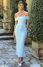Women's Midi Dress - Luxury Stretch Crepe, Pleated Bardot Neckline, Fit and Flare Design | Blue