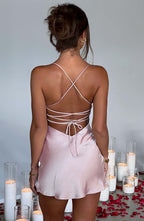 Women's Mini Dress - Satin, Tie Back, Low Back, Skirt Split, Thin Straps, Elegant Style | Pink