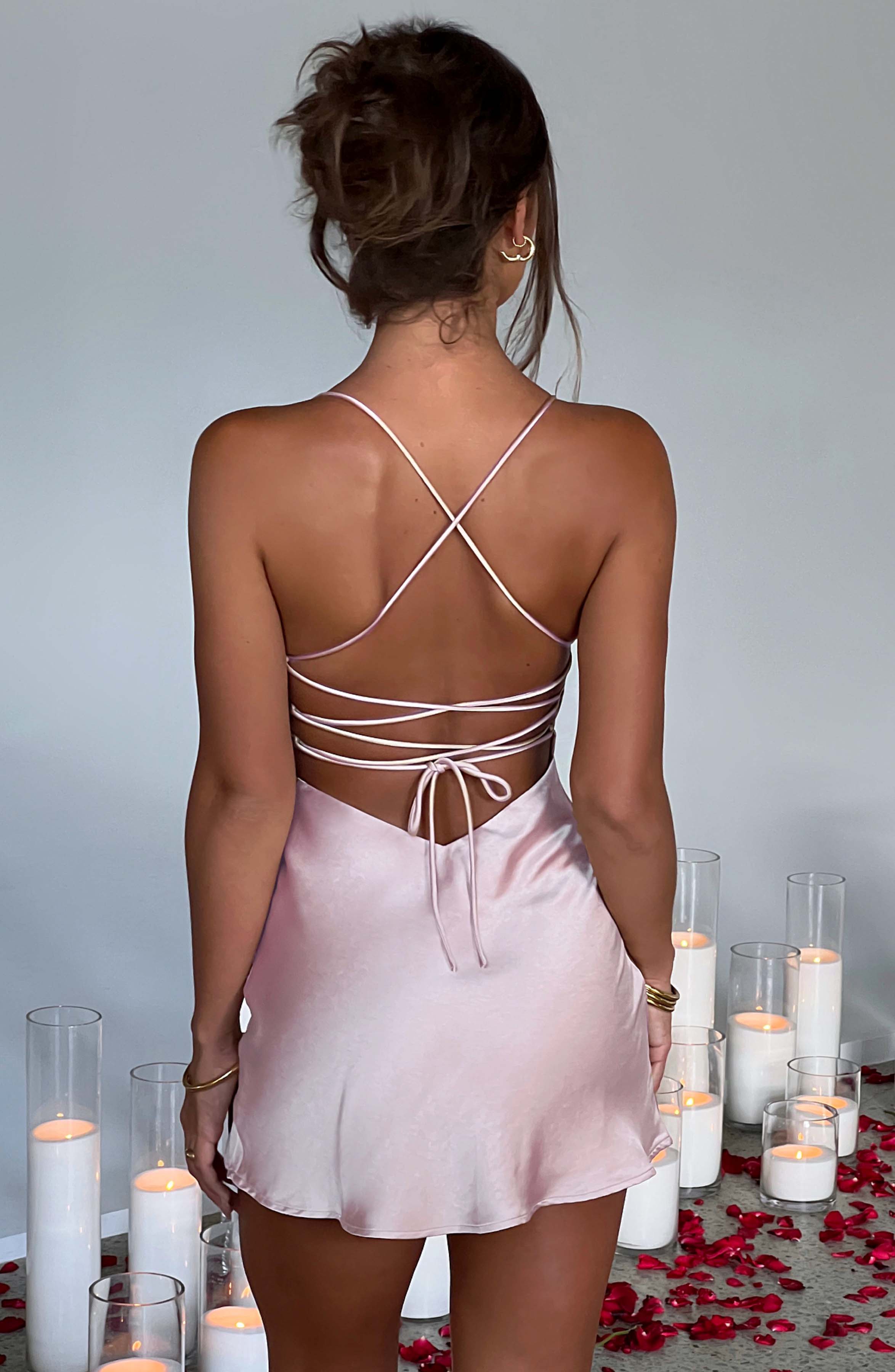Women's Mini Dress - Satin, Tie Back, Low Back, Skirt Split, Thin Straps, Elegant Style | Pink