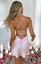 Women's Mini Dress - Satin, Tie Back, Low Back, Skirt Split, Thin Straps, Elegant Style | Pink