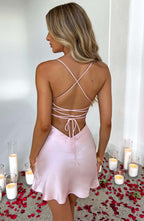 Women's Mini Dress - Satin, Tie Back, Low Back, Skirt Split, Thin Straps, Elegant Style | Pink