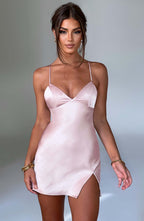 Women's Mini Dress - Satin, Tie Back, Low Back, Skirt Split, Thin Straps, Elegant Style | Pink