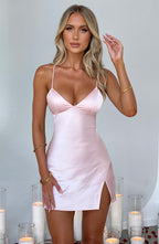 Women's Mini Dress - Satin, Tie Back, Low Back, Skirt Split, Thin Straps, Elegant Style | Pink