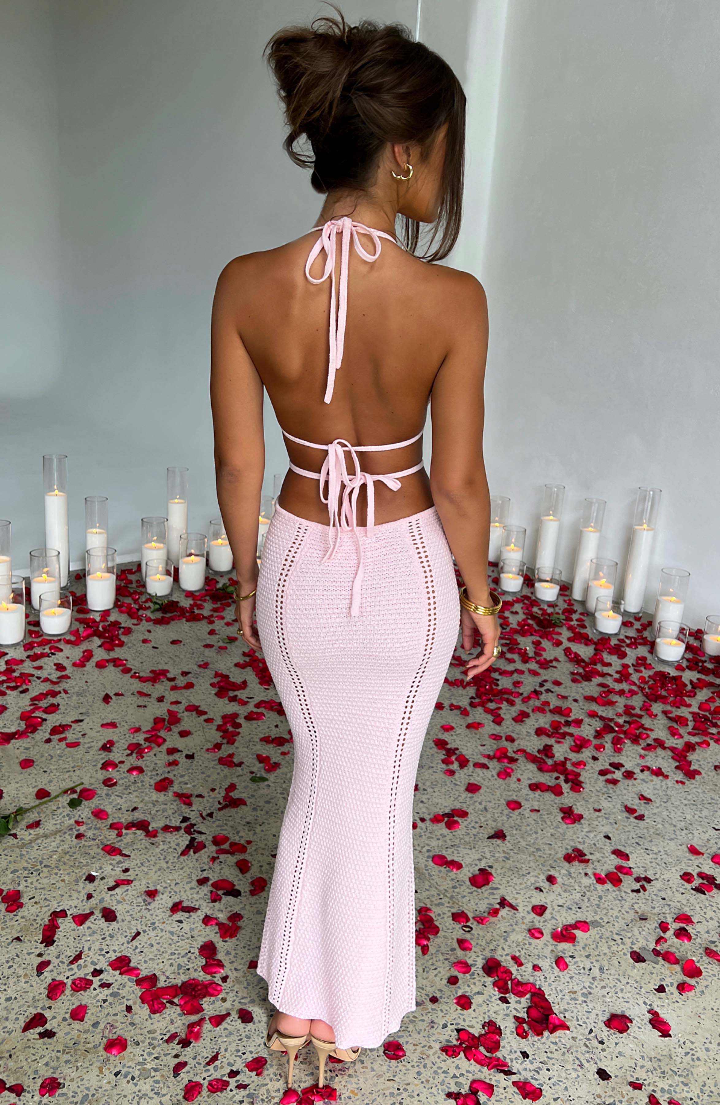 Women's Crochet Knit Maxi Dress with Plunge Halter Neckline and Backless Ties | Pink