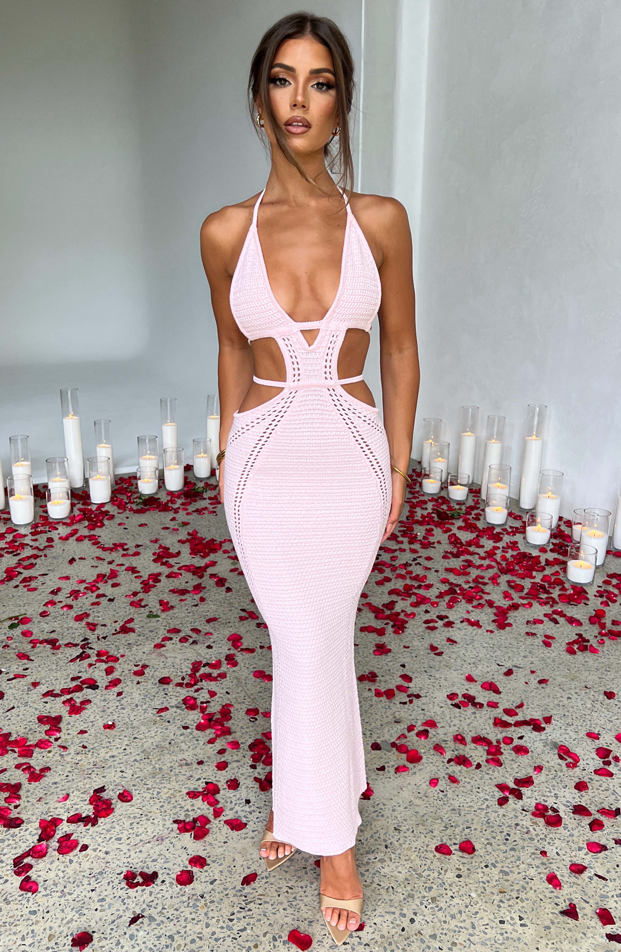 Women's Crochet Knit Maxi Dress with Plunge Halter Neckline and Backless Ties | Pink XL