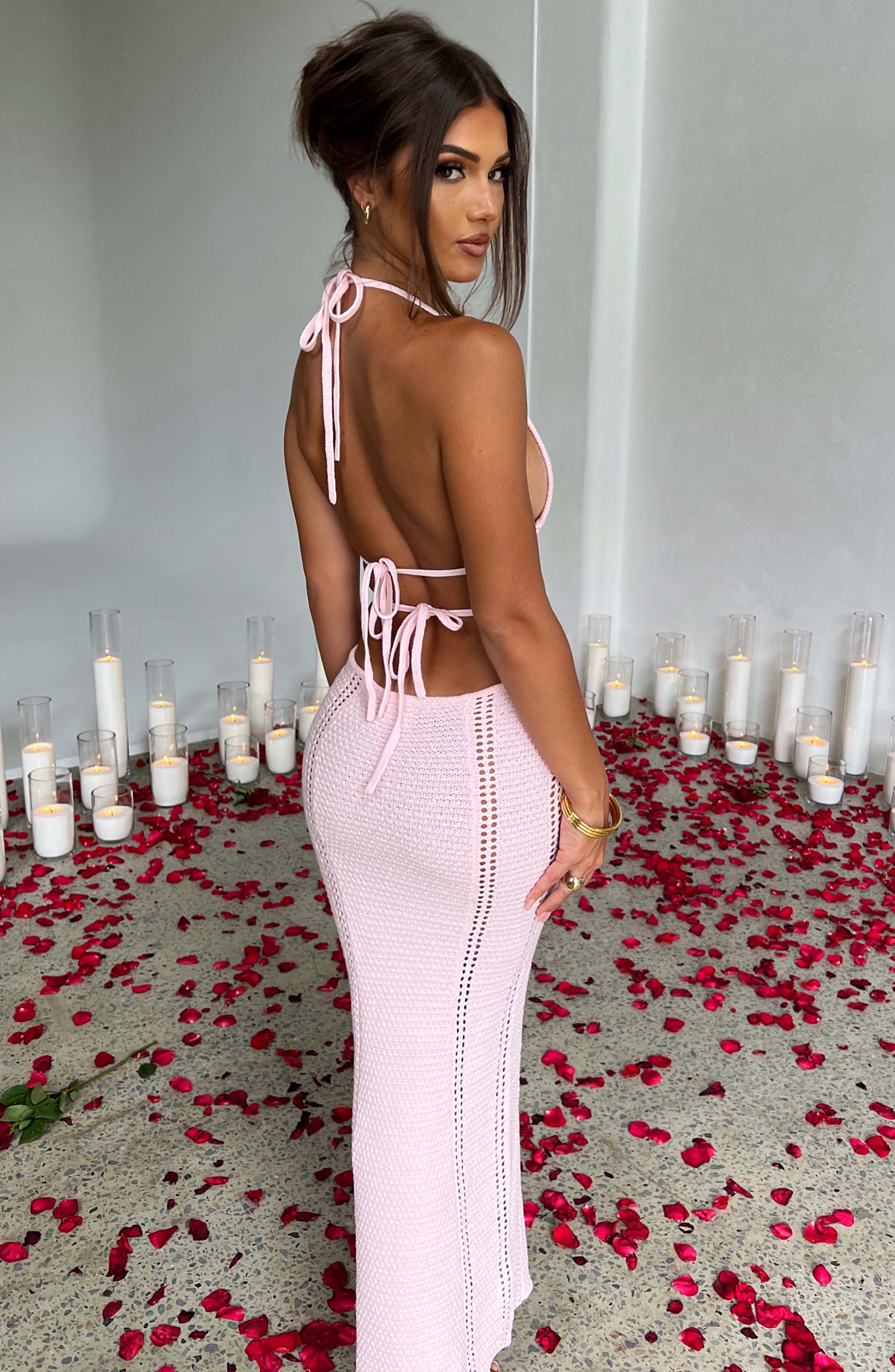 Women's Crochet Knit Maxi Dress with Plunge Halter Neckline and Backless Ties | Pink