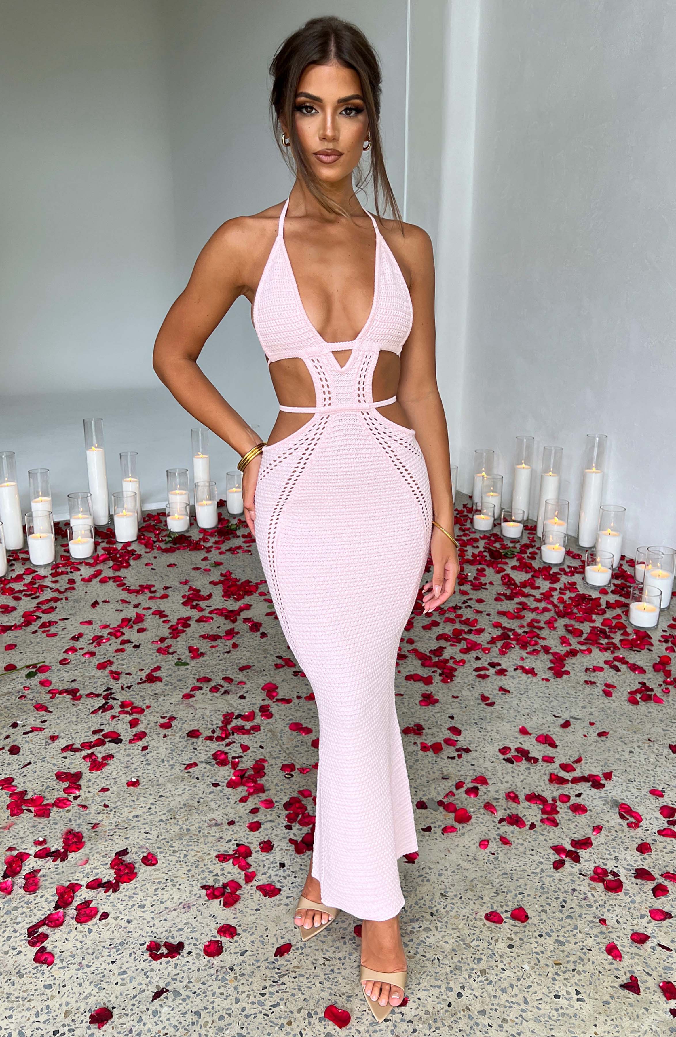 Women's Crochet Knit Maxi Dress with Plunge Halter Neckline and Backless Ties | Pink