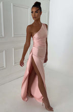 Women's Maxi Dress - Luxury One-Shoulder Satin Gown with Thigh-High Split and Draped Detailing | Pink