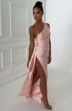 Women's Maxi Dress - Luxury One-Shoulder Satin Gown with Thigh-High Split and Draped Detailing | Pink