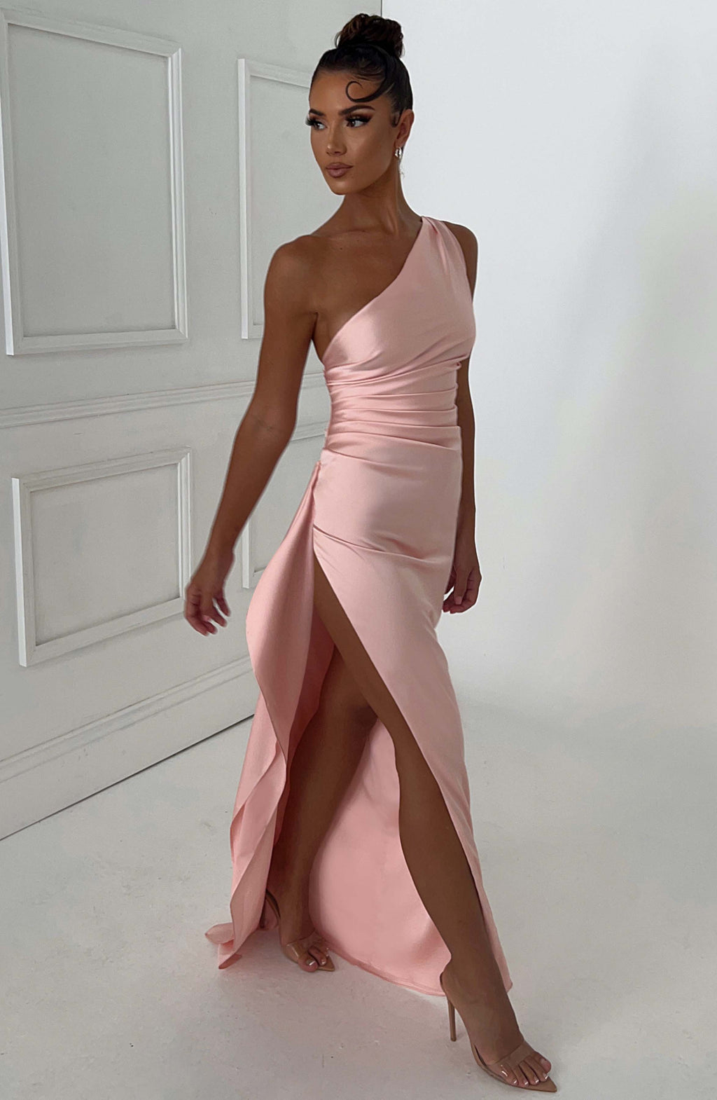 Women's Maxi Dress - Luxury One-Shoulder Satin Gown with Thigh-High Split and Draped Detailing | Pink