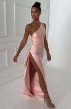 Women's Maxi Dress - Luxury One-Shoulder Satin Gown with Thigh-High Split and Draped Detailing | Pink