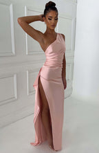 Women's Maxi Dress - Luxury One-Shoulder Satin Gown with Thigh-High Split and Draped Detailing | Pink