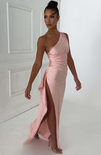 Women's Maxi Dress - Luxury One-Shoulder Satin Gown with Thigh-High Split and Draped Detailing | Pink