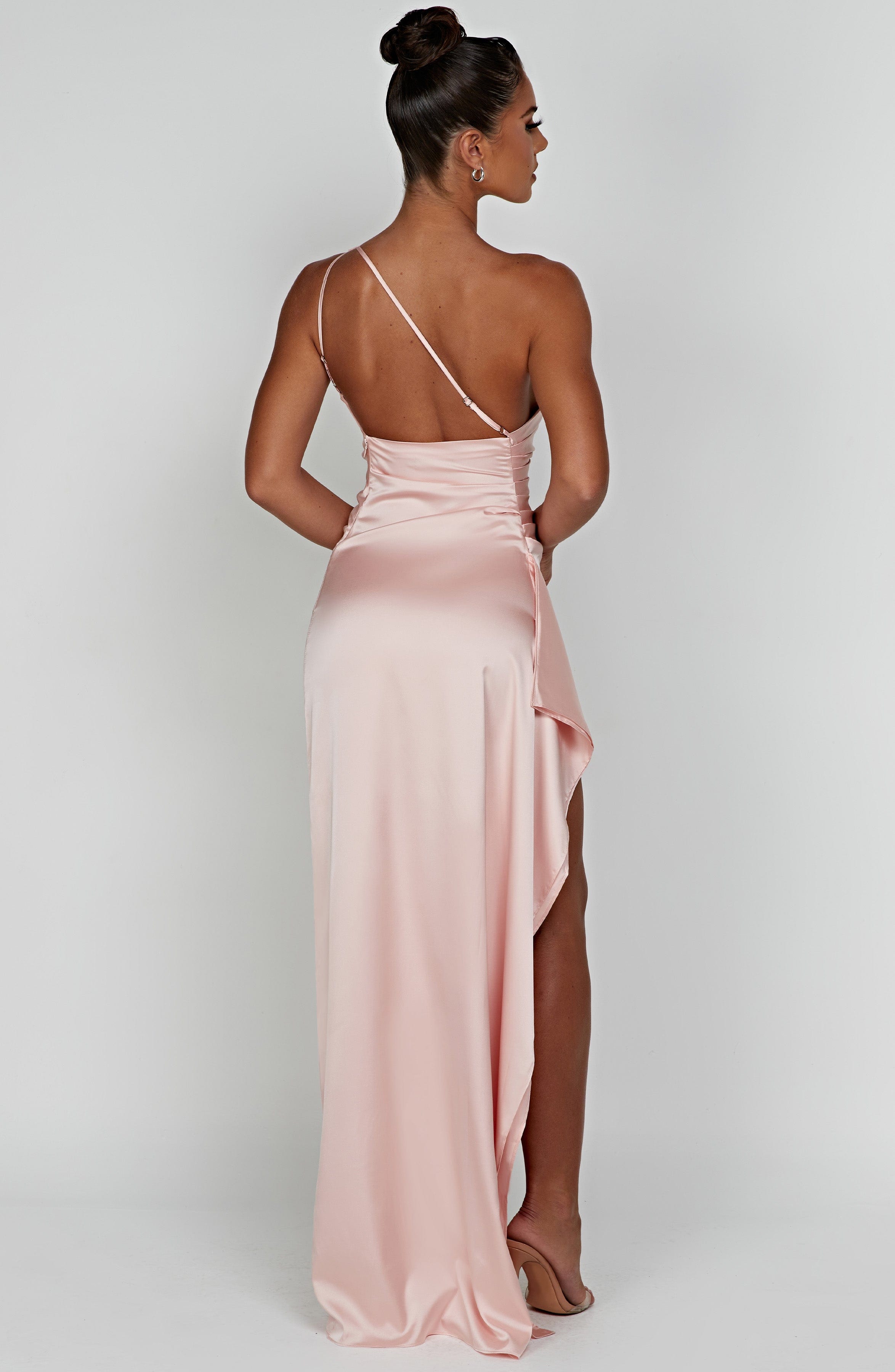 Women's Maxi Dress - Luxury One-Shoulder Satin Gown with Thigh-High Split and Draped Detailing | Pink