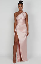 Women's Maxi Dress - Luxury One-Shoulder Satin Gown with Thigh-High Split and Draped Detailing | Pink