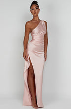 Women's Maxi Dress - Luxury One-Shoulder Satin Gown with Thigh-High Split and Draped Detailing | Pink
