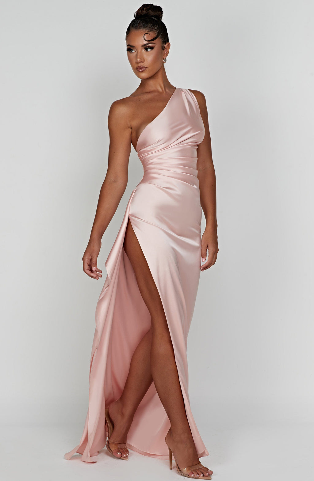 Women's Maxi Dress - Luxury One-Shoulder Satin Gown with Thigh-High Split and Draped Detailing | Pink