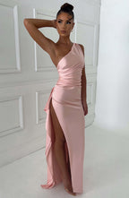 Women's Maxi Dress - Luxury One-Shoulder Satin Gown with Thigh-High Split and Draped Detailing | Pink