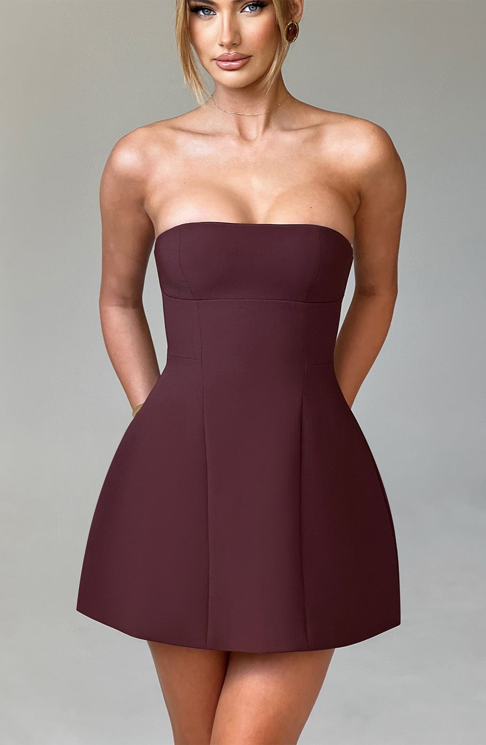 Strapless Mini Dress for Women with Bubble Skirt - Chic Date Night Outfit | Brown