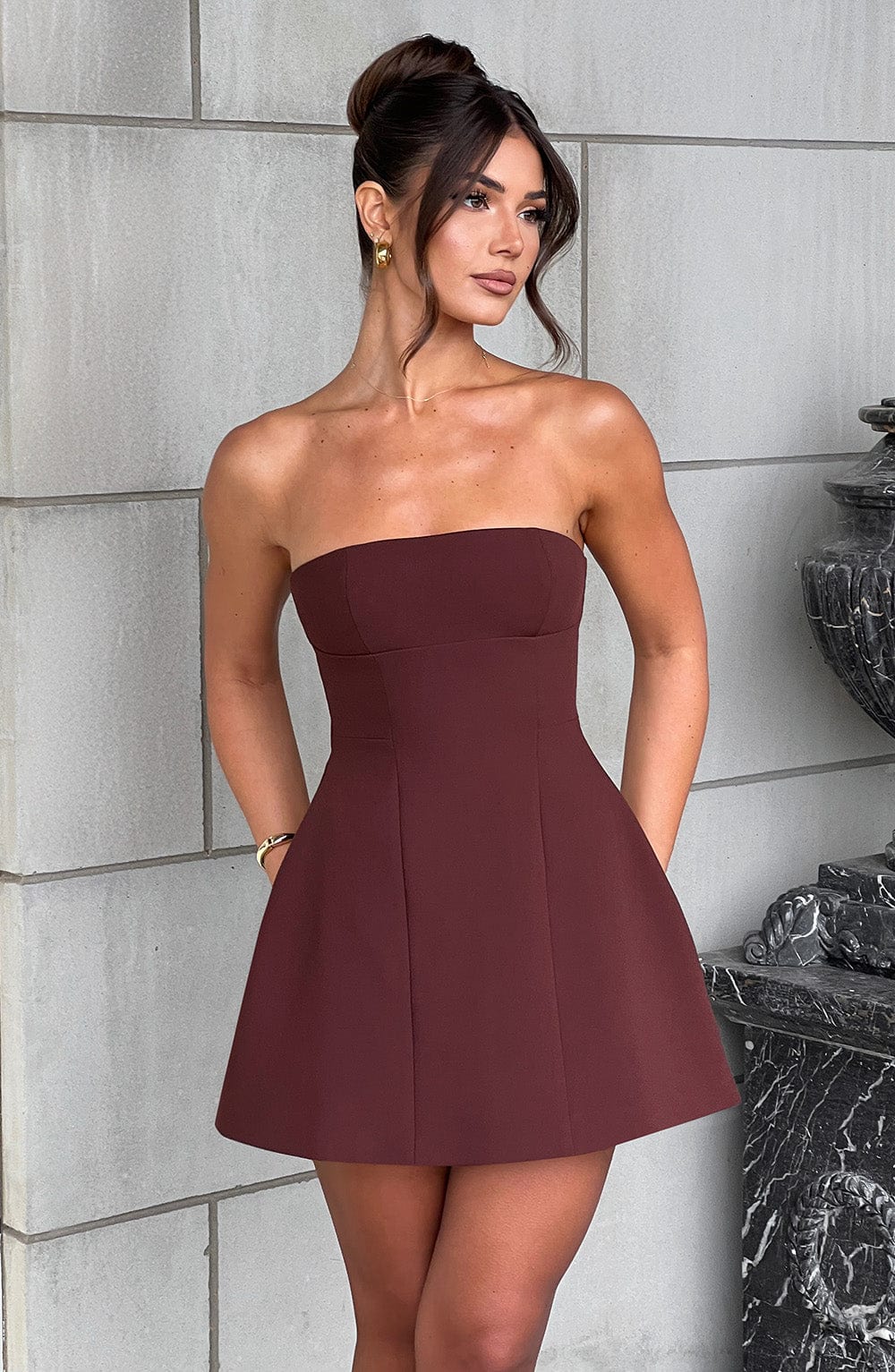 Strapless Mini Dress for Women with Bubble Skirt - Chic Date Night Outfit | Brown